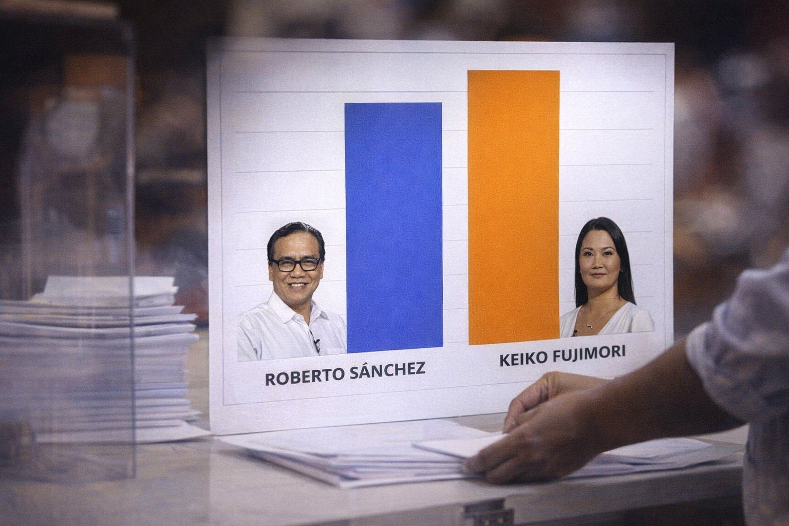 Un gráfico de barras muestra la ventaja consistente de Keiko Fujimori sobre Roberto Sánchez en el conteo de votos de las elecciones presidenciales, con manos procesando documentos en primer plano. (Imagen Ilustrativa Infobae)