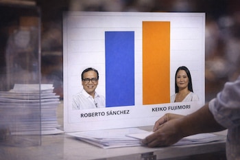 Un gráfico de barras muestra los resultados electorales de Keiko Fujimori (barra naranja más alta) y Roberto Sánchez (barra azul). Manos procesan documentos electorales.