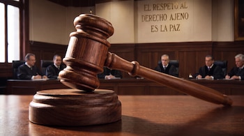 Mazo de madera sobre mesa de tribunal, con seis magistrados borrosos en el fondo. En la pared, la frase "El respeto al derecho ajeno es la paz".