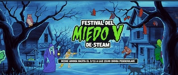 Ilustración de una aldea nocturna con una bruja, una momia, un hombre lobo y el rótulo del Festival del Miedo V de la plataforma Steam