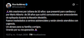 Federico Gutiérrez afirmó que los dos participantes de la Maratón Medellín tuvieron una ruta de atención adecuada y efectiva - crédito X