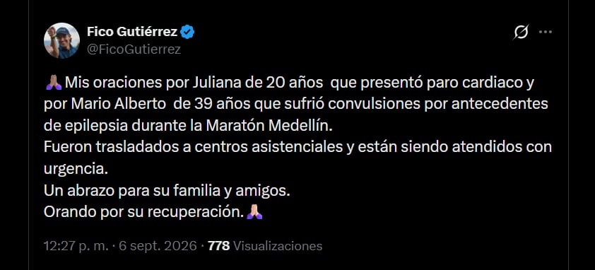 Federico Gutiérrez afirmó que los dos participantes de la Maratón Medellín tuvieron una ruta de atención adecuada y efectiva - crédito X