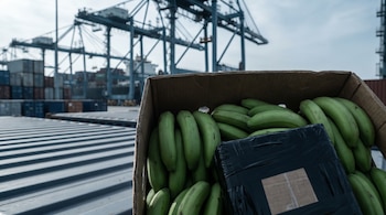 Primer plano de un paquete negro visible entre plátanos verdes en una caja de cartón. Al fondo, grúas y contenedores de un puerto industrial desenfocado.