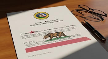 Primer plano de una orden ejecutiva de California en un escritorio de madera junto a unas gafas y un bolígrafo. El documento muestra el sello del estado y texto.