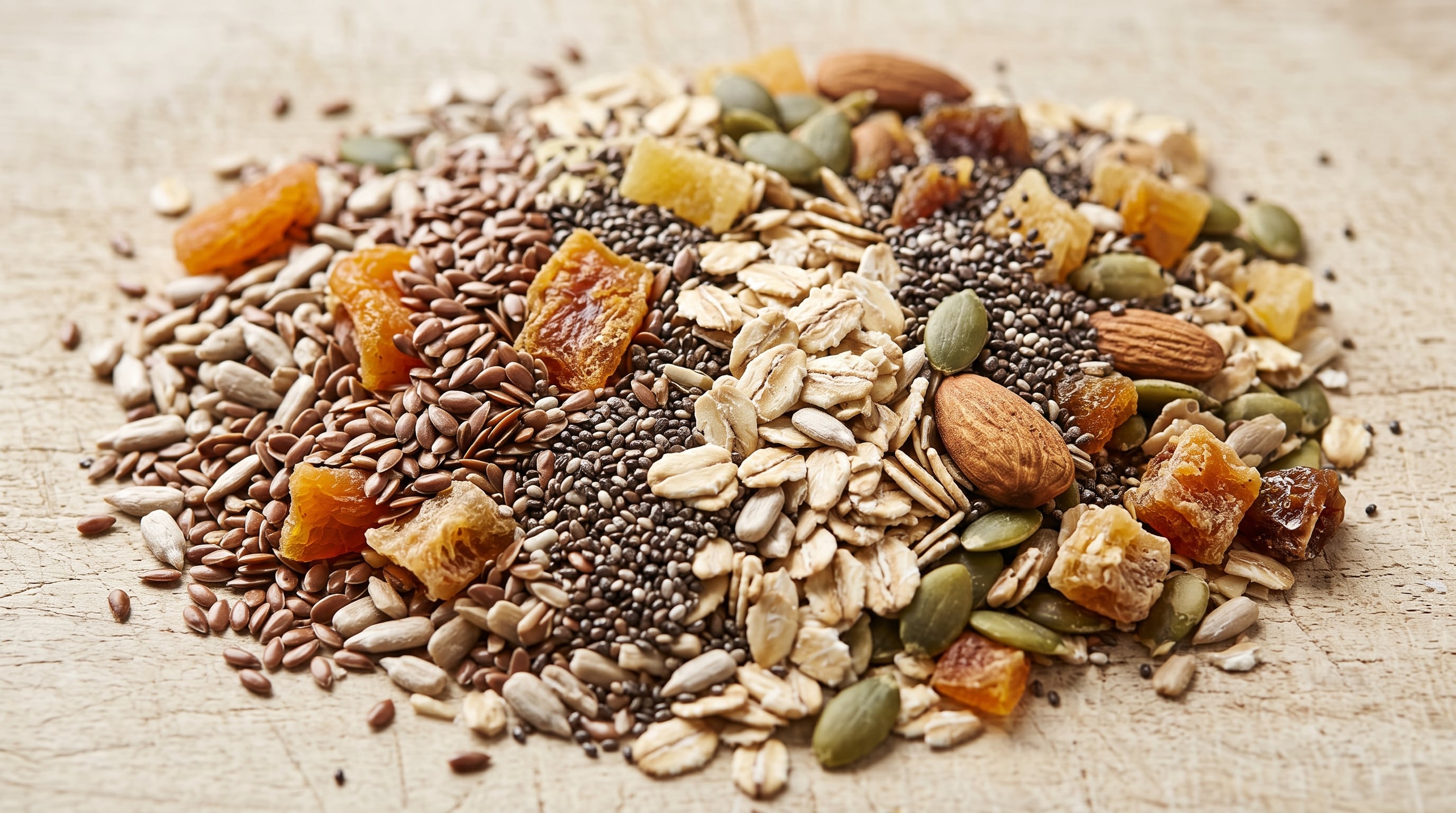 Una variedad de semillas, copos de avena y frutos secos ofrece una combinación de ingredientes con alto contenido de fibra. (Imagen Ilustrativa Infobae)