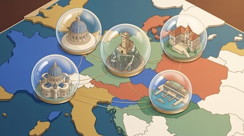 Cinco cúpulas de cristal con miniaturas de edificios y un puerto reposan sobre un mapa ilustrado de Europa unidas por líneas finas.