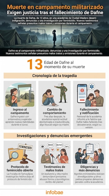 Infografía con titular, texto, el número 13 y seis ilustraciones: joven en campamento, joven triste con soldado, familia con teléfono, carpeta, personas denunciando, agentes.