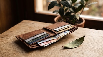 Una cartera de cuero abierta con billetes de euro y tarjetas de plástico junto a una hoja seca de laurel sobre una mesa de madera.