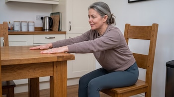 Una mujer sentada en una silla de madera apoya ambas manos abiertas sobre una mesa en una cocina.