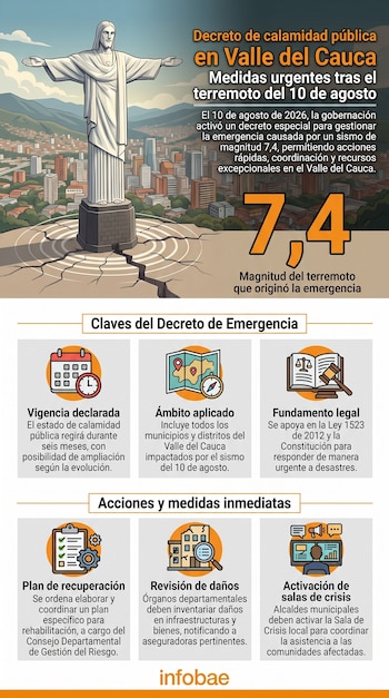 Infografía con la estatua del Cristo Redentor sobre una ciudad, grietas en la base, texto sobre decreto de calamidad pública en Valle del Cauca.