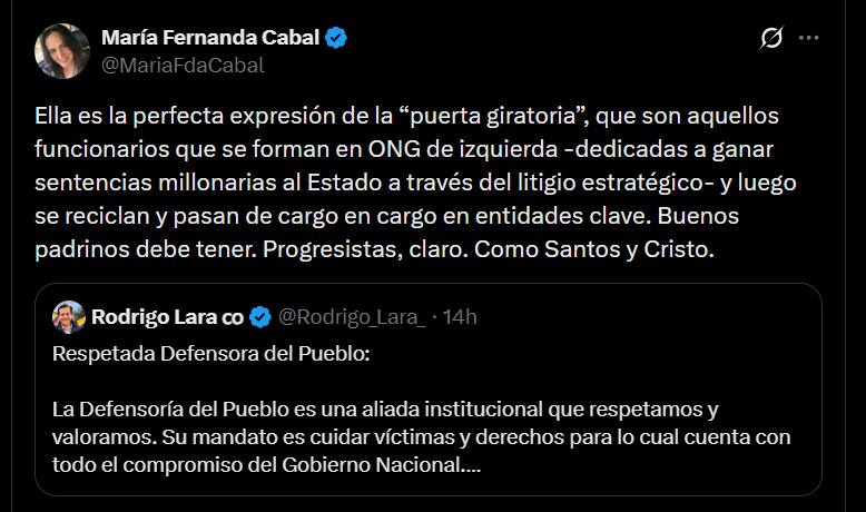 María Fernanda Cabal afirmó que Iris Marín tiene “buenos padrinos”, a quienes calificó de “progresistas”, y mencionó al expresidente Juan Manuel Santos y al exministro Juan Fernando Cristo - crédito @MariaFdaCabal/X
