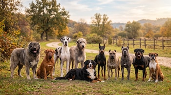 Diez perros de razas grandes están alineados en hilera sobre un camino de tierra rodeado de vegetación y árboles.