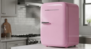 Refrigerador compacto rosa con humo en la parte posterior, sobre una encimera blanca en una cocina moderna con gabinetes y ventana.