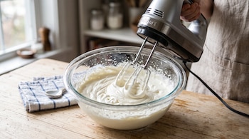 Batidora eléctrica en un tazón de vidrio con crema blanca batida sobre una mesa de madera, junto a un paño doblado y una cuchara pequeña.