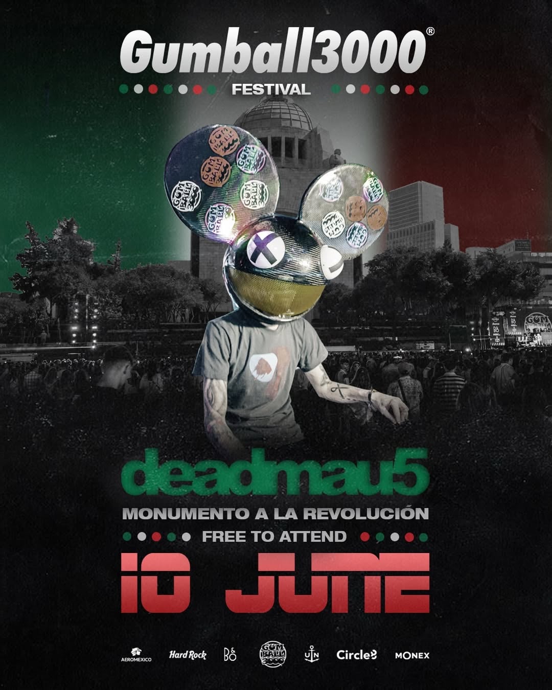 El cartel promocional del Gumball 3000 Festival anuncia la presentación de Deadmau5 en el Monumento a la Revolución de la Ciudad de México el 10 de junio, un evento gratuito para el público. (Deadmou5/ Gumball 3000)