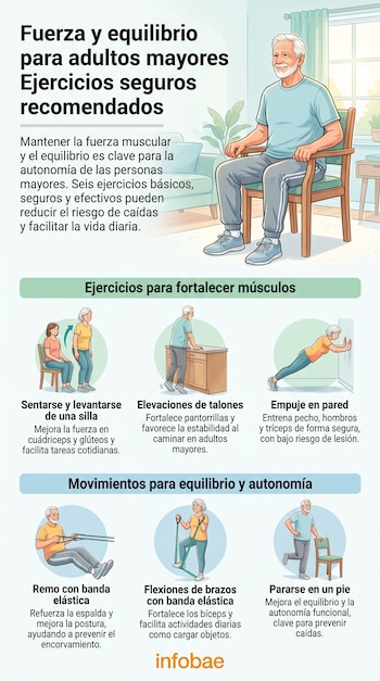 Infografía con seis ilustraciones de adultos mayores realizando ejercicios de fuerza, equilibrio y autonomía funcional. Incluye el logo de Infobae.
