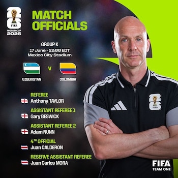 Designación del Comité de Árbitros de la FIFA para el partido Colombia vs. Uzbekistán en la Copa Mundial de la FIFA 2026 - crédito FIFA