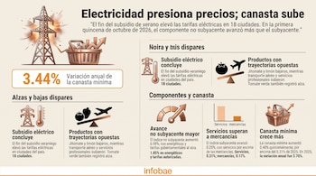 Infografía con una torre eléctrica, una cesta de compras, una balanza con un avión y un jitomate, y gráficos de barras sobre fondo beige.