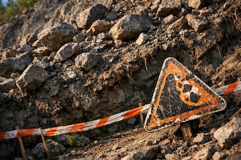 Pendiente rocosa con rocas y tierra suelta, una señal de advertencia triangular deteriorada con símbolo de caída y una cinta de seguridad naranja y blanca.