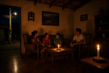 Una familia compuesta por dos adultos y dos niños está sentada en una sala iluminada con velas mientras una puerta abierta muestra la calle.