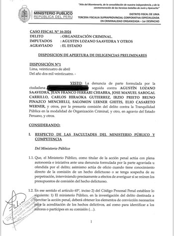 Denuncia del Ministerio Público contra