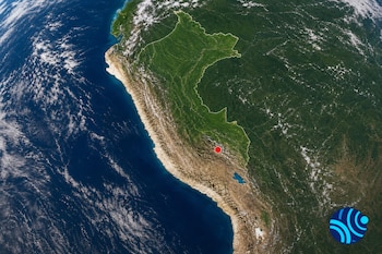 Vista satelital del territorio de Perú con el océano Pacífico, un punto rojo en la zona andina y un gráfico circular azul en una esquina.
