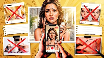 Ilustración de mujer con acné y expresión preocupada en pantalla de teléfono, rodeada de imágenes tachadas de productos cosméticos y caras.