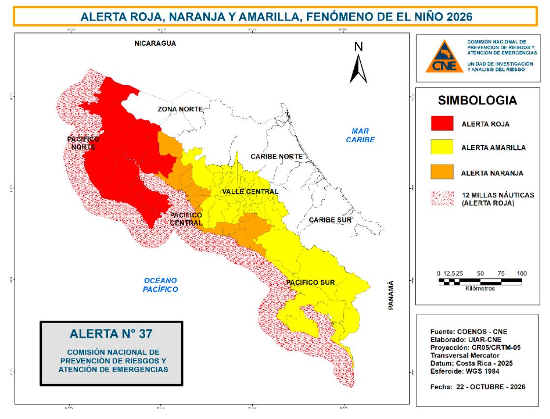 La Comisión Nacional de Emergencias (CNE) amplió las alertas por el fenómeno de El Niño, que está provocando una disminución significativa de las lluvias en distintas regiones de Costa Rica. Crédito: CNE