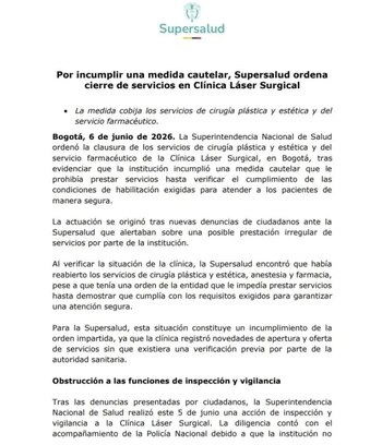 La Superintendencia recibió reportes por fallas de atención, inconsistencias en historias clínicas y disconformidad con resultados operatorios, además de alertas sobre seguridad, y con base en ello adelantó la actuación - crédito Supersalud