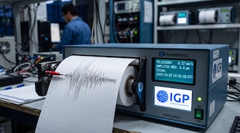 Un sismógrafo azul con un registro impreso en papel, pantalla digital y el logotipo del Instituto Geofísico del Perú.
