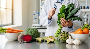 Persona con bata blanca inspecciona vegetales de hoja verde con lupa. En la mesa hay zanahorias, brócoli, remolacha, alcachofas y ajos en un laboratorio luminoso.