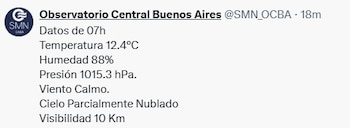 Observatorio Central Buenos Aires. Datos 07h: Temperatura 12.4°C, Humedad 88%, Visibilidad 10 Km. Viento Calmo
