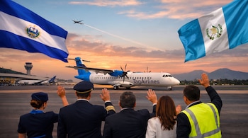 Banderas de El Salvador y Guatemala, con una aeronave de TagAirlines en pista y otra en vuelo. Tripulación y personal de tierra saludan en un aeropuerto.