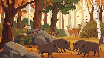 Hombre con rifle en un bosque otoñal. Cuatro jabalíes y dos corzos están entre árboles de hojas naranjas y troncos blancos.