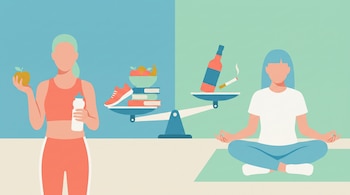 Ilustración de dos figuras, una en ropa deportiva con manzana y agua, otra meditando. Entre ellas, una balanza con comida sana y libros de un lado, alcohol y cigarrillo descartados del otro.