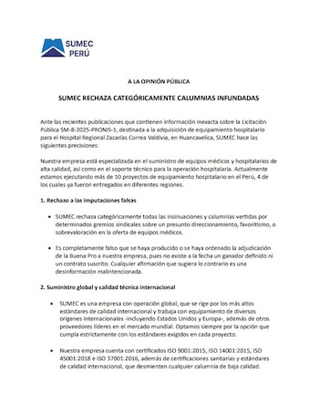 El comunicado de SUMEC.
