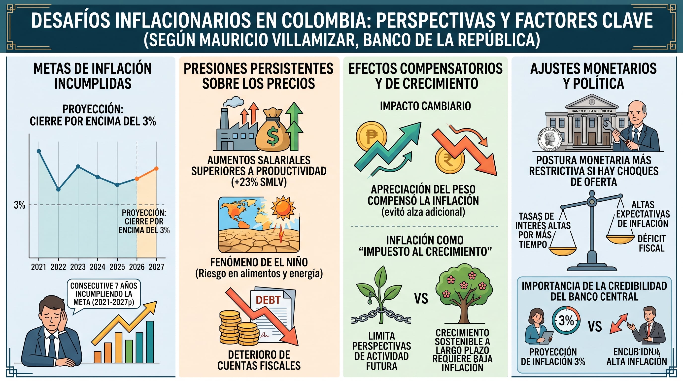 Una infografía con datos del Banco de la República detalla los factores que mantendrán la inflación de Colombia por encima de la meta del 3% en 2026 y 2027 - crédito Imagen Ilustrativa Infobae