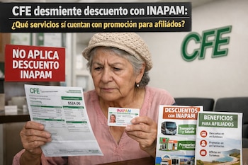 Mujer adulta mayor, factura de CFE de $524.00, tarjeta INAPAM, cartel "NO APLICA DESCUENTO INAPAM", logo CFE y folletos de beneficios.