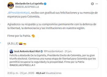 El presidente electo Abelardo de la Espriella agradeció al presidente de Chile, José Antonio Kast Rist, por sus felicitaciones - crédito @ABDELAESPRIELLA/X