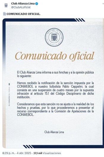 El comunicado de Alianza Lima