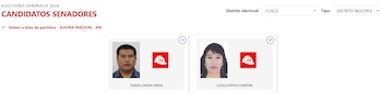 Captura de pantalla de una web que muestra a dos candidatos al Senado por Cusco, Isdras Zapata Yaros y Lucila Espitia Condori, para las elecciones de 2026