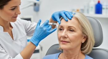 Una especialista con guantes azules inyecta ácido hialurónico en la frente de una mujer mayor sentada en un sillón médico, sin rastro de sangre.
