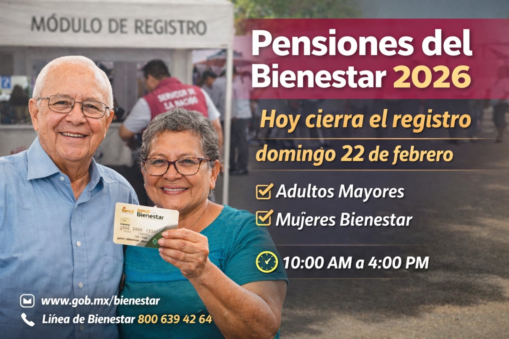 La Secretaría de Bienestar mantiene abiertos los módulos en todo el país, en un horario de 10:00 a 16:00 horas