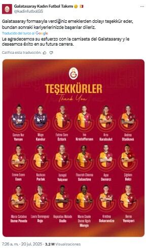 Galatasaray anunció la desvinculación de 18 jugadoras de su plantel, incluida la colombiana Catalina Usme, a través de sus cuentas oficiales - crédito @kadinfutbolGS/X