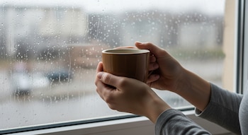 Unas manos sujetan una taza de café color tostado junto a una ventana con cristales cubiertos de gotas de lluvia, con un fondo urbano difuminado.