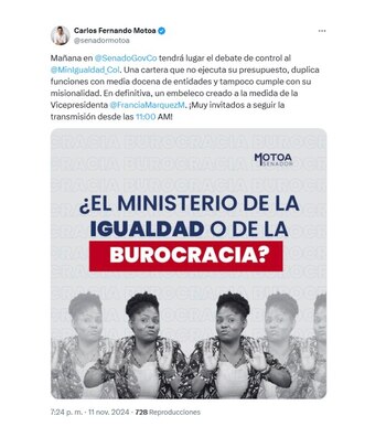 Carlos Motoa citó al debate de control político sobre Ministerio de la Igualdad