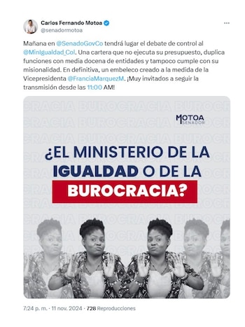 Esta es la publicación con la que el senador Carlos Motoa citó al debate de control político sobre la baja ejecución del Ministerio de la Igualdad - crédito @senadormotoa/X