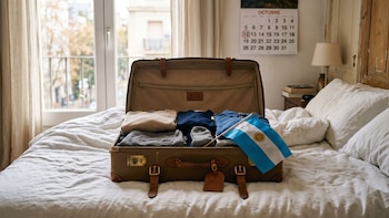 Maleta de cuero marrón abierta con ropa doblada y una bandera de Argentina sobre una cama. Al fondo, un calendario de octubre con el día 12 resaltado