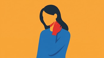 Mujer ilustrada con cabello oscuro, blusa azul, la mano derecha sobre un cuello de color rojo y fondo naranja liso.