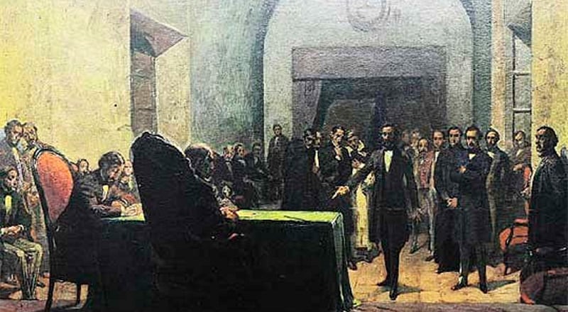 Jura de la Constitución de 1853. El óleo de Antonio Alice (1886-1943) reproduce el momento en que lo hace Francisco Seguí, representante por Santa Fe